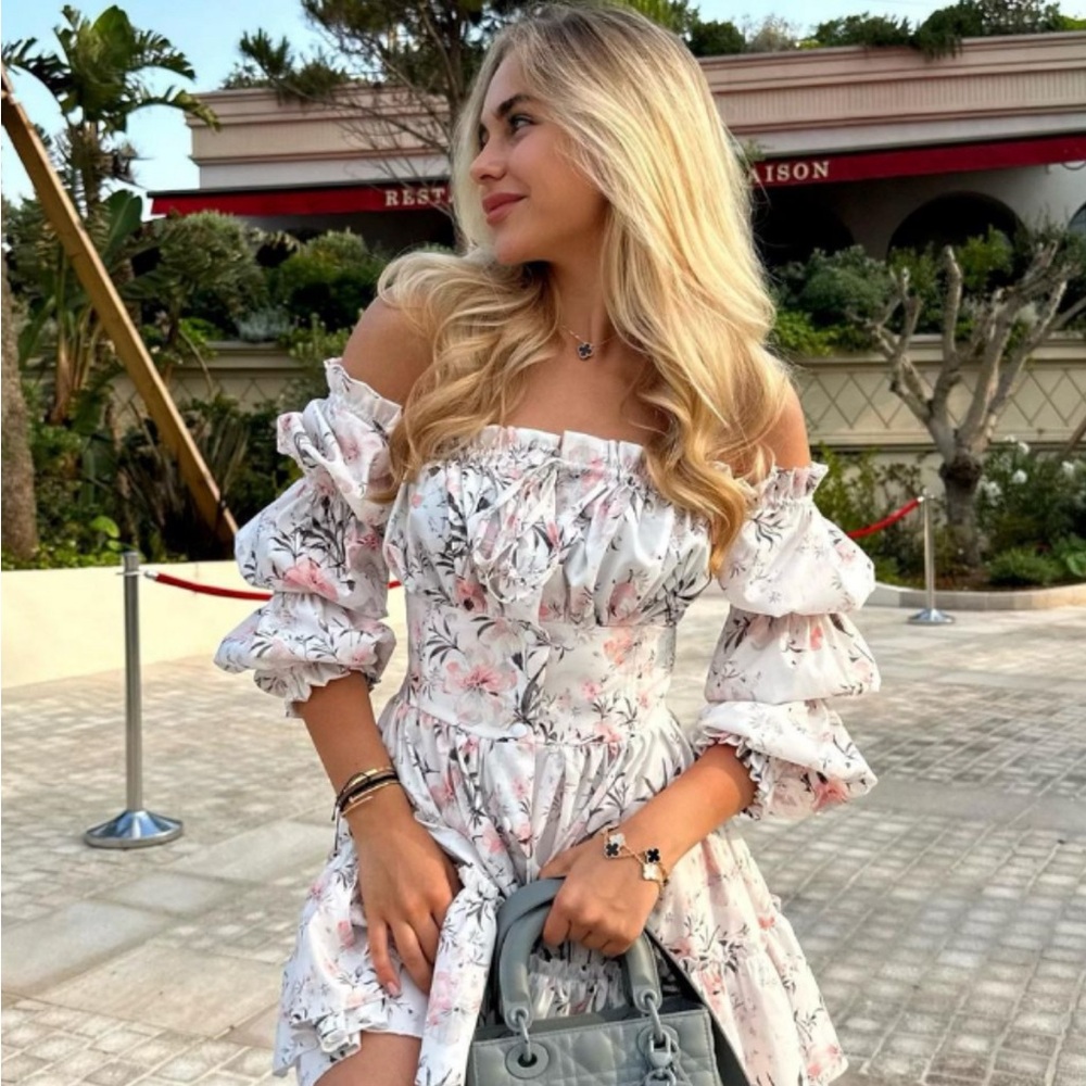 White and Pink Ruffled Tiered Sundress with Bishop Sleeves